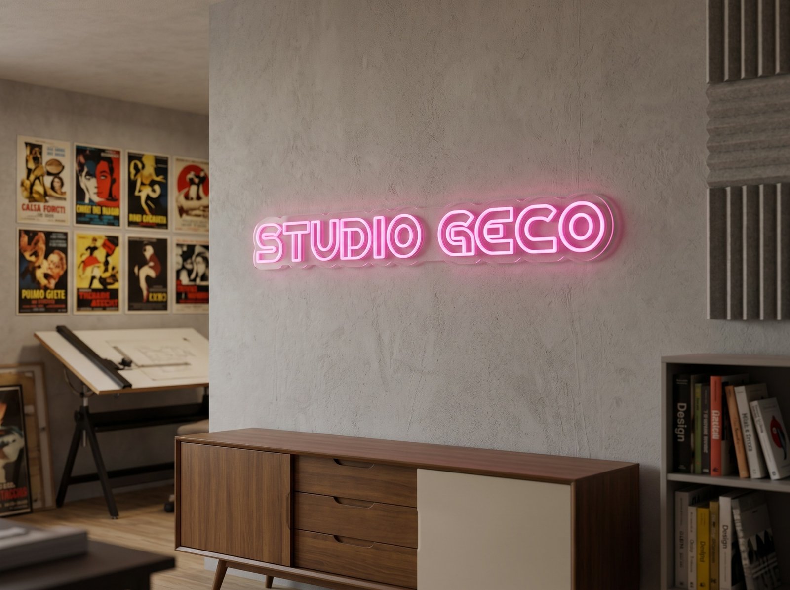 Scritta neon rosa Studio GECO in un interno di design